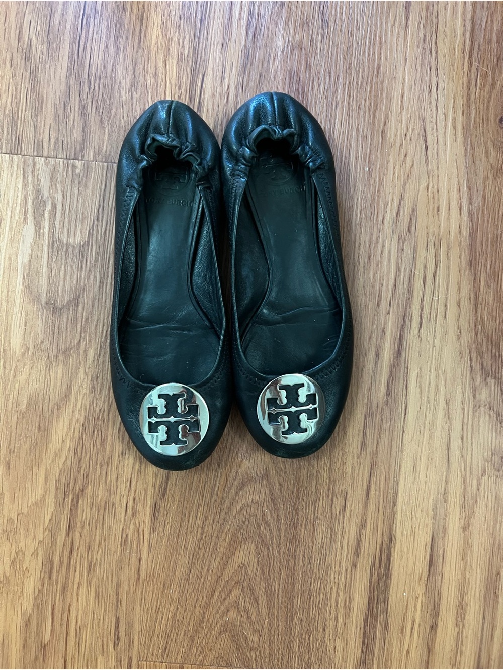 Tory Burch Black Leather Logo Ballet Flats